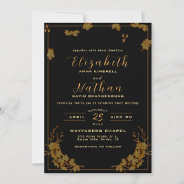 Modern Elegant Black & Gold Floral Wedding Kaart
