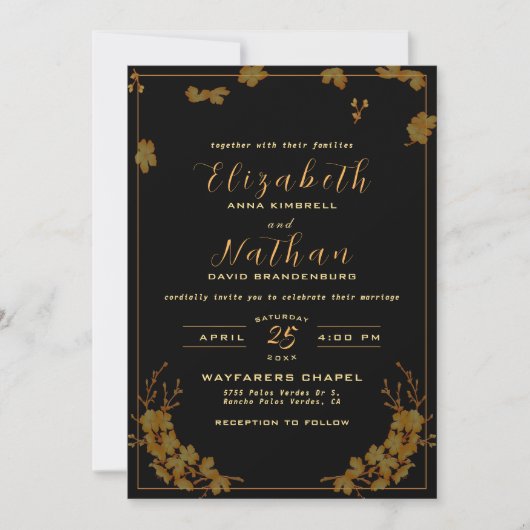 Modern Elegant Black & Gold Floral Wedding Kaart (Voorkant)