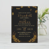Modern Elegant Black & Gold Floral Wedding Kaart (Staand voorkant)