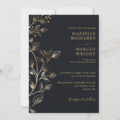 Modern Elegant Black Gold Floral Wedding Kaart (Voorkant)