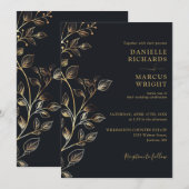 Modern Elegant Black Gold Floral Wedding Kaart (Voorkant / Achterkant)