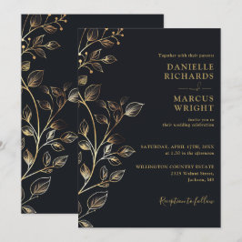 Modern Elegant Black Gold Floral Wedding Kaart