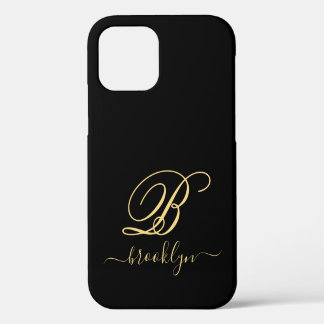 Modern Elegant Black Gold Handwrited Monogramed iPhone 12 Hoesje