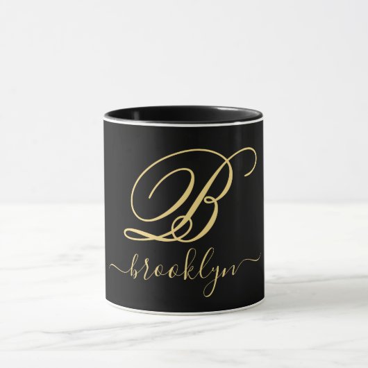 Modern Elegant Black Gold Handwrited Monogramed Mok (Midden)