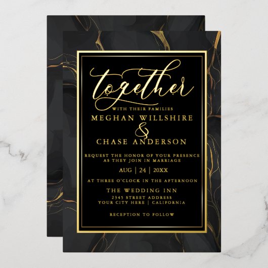 Modern Elegant Black Gold Marble Folie Uitnodiging (Voorkant / Achterkant)
