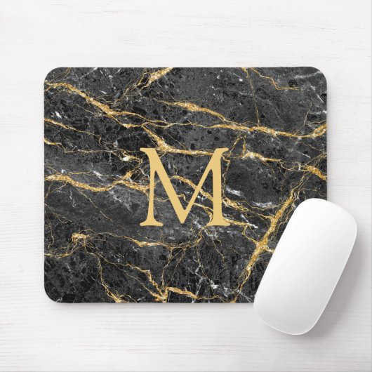 Modern Elegant Black Gold Marble Monogram Muismat (Met muis)