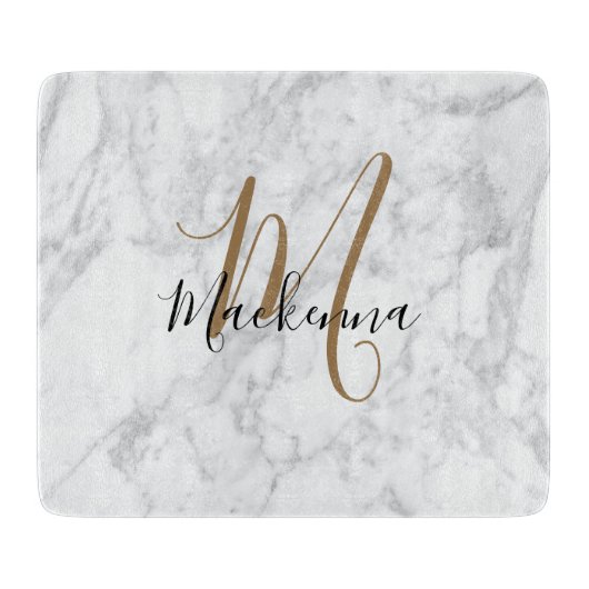 Modern Elegant Black Gold Monogram Luxe Marble Snijplank (Voorkant)