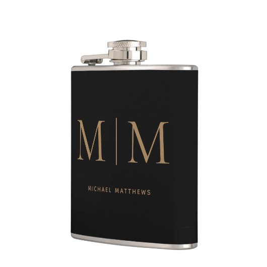 Modern Elegant Black Gold Monogramed Initiaal Name Heupfles (Links)