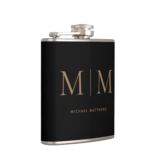 Modern Elegant Black Gold Monogramed Initiaal Name Heupfles (Rechts)