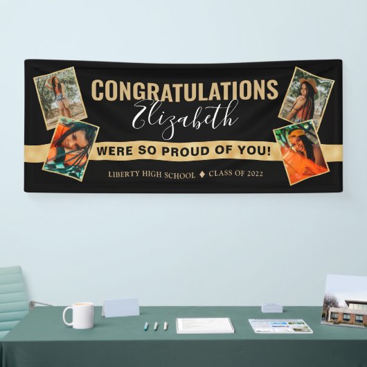 Modern Elegant Black Gold Photo Collage Afstuderen Spandoek (Beurs)