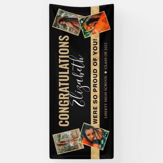 Modern Elegant Black Gold Photo Collage Afstuderen Spandoek (Verticaal)