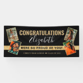 Modern Elegant Black Gold Photo Collage Afstuderen Spandoek (Horizontaal)