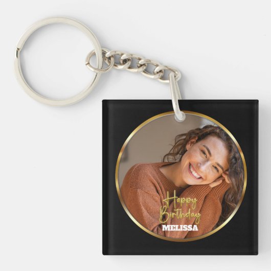 Modern Elegant Black & Gold Photo Name Birthday Sleutelhanger (voorkant)