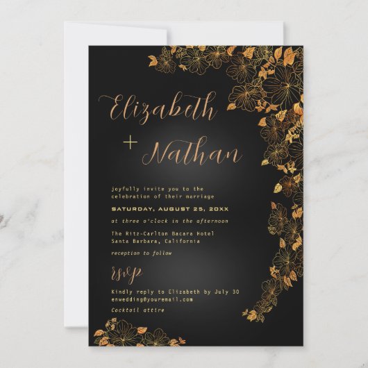 Modern Elegant Black & Gold Quote Floral Wedding Kaart (Voorkant)