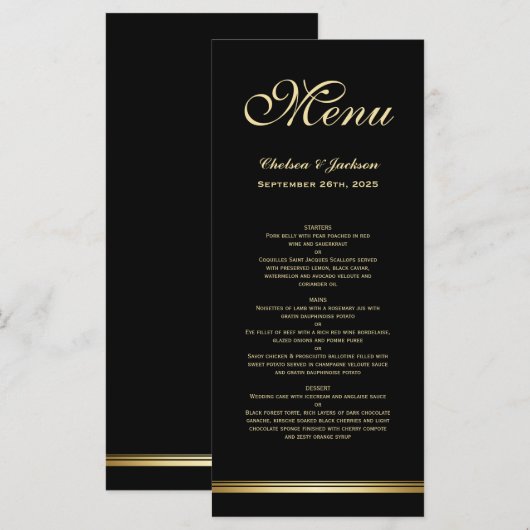 Modern Elegant Black Gold Wedding Menu (Voorkant / Achterkant)