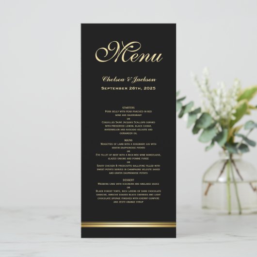 Modern Elegant Black Gold Wedding Menu (Staand voorkant)