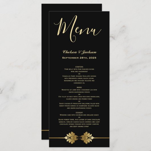 Modern Elegant Black Gold Wedding Menu (Voorkant / Achterkant)