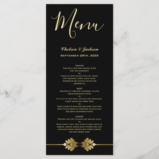 Modern Elegant Black Gold Wedding Menu (Voorkant)