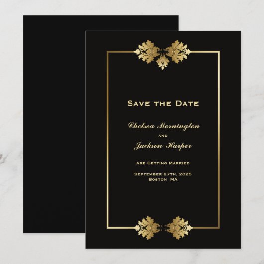 Modern Elegant Black Gold Wedding Save The Date (Voorkant / Achterkant)