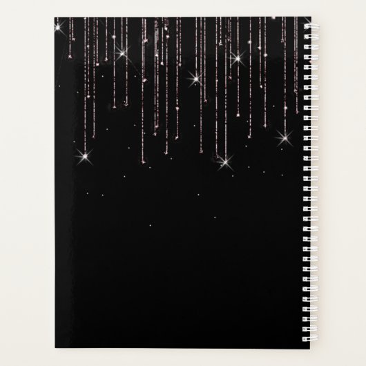 Modern Elegant Black Roos Gold Glitter Monogram Planner (Achterkant)