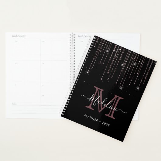 Modern Elegant Black Roos Gold Glitter Monogram Planner (Display)