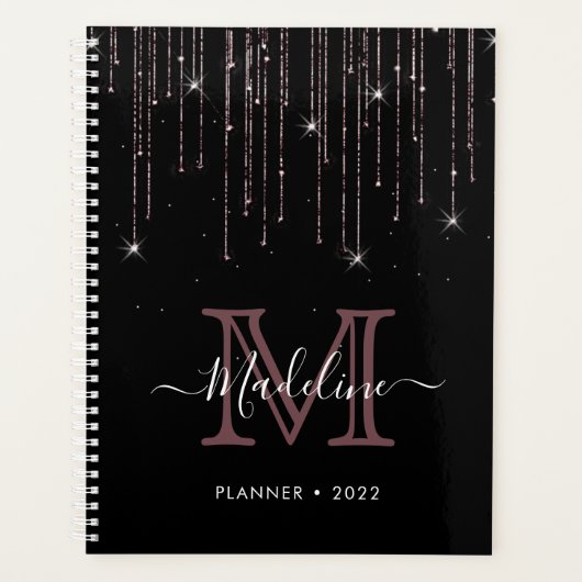 Modern Elegant Black Roos Gold Glitter Monogram Planner (Voorkant)