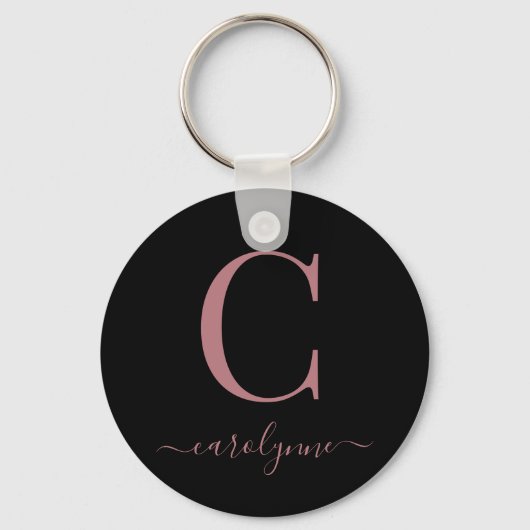Modern Elegant Black Roos Gold Monogram script Sleutelhanger (Voorkant)