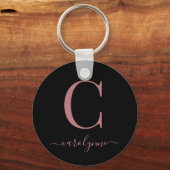 Modern Elegant Black Roos Gold Monogram script Sleutelhanger (Voorkant)