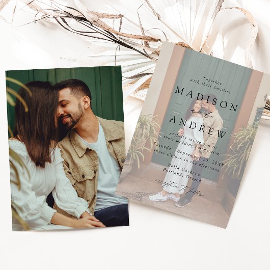 Modern Elegant Black Script 2 Photo Wedding Kaart