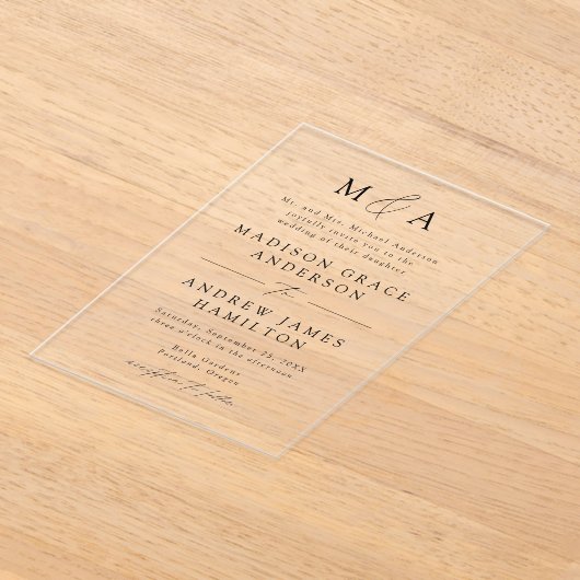 Modern Elegant Black Script Monogram Weddenschap Acryl Uitnodigingen (Laagn)