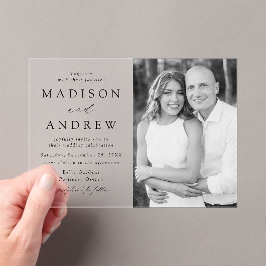 Modern Elegant Black Script Photo Wedding Acryl Uitnodigingen (Insitu (Draagbaar))