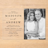 Modern Elegant Black Script Photo Wedding Acryl Uitnodigingen (Voorkant)