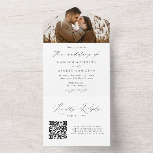 Modern Elegant Black Script Photo Wedding All In One Uitnodiging (Binnen)