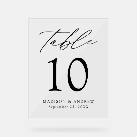 Modern Elegant Black Script Weddenlijstnummer Acryl Bord (Voorkant)