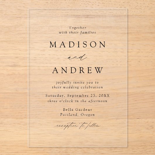 Modern Elegant Black Script Wedding Acryl Uitnodigingen (Voorkant)