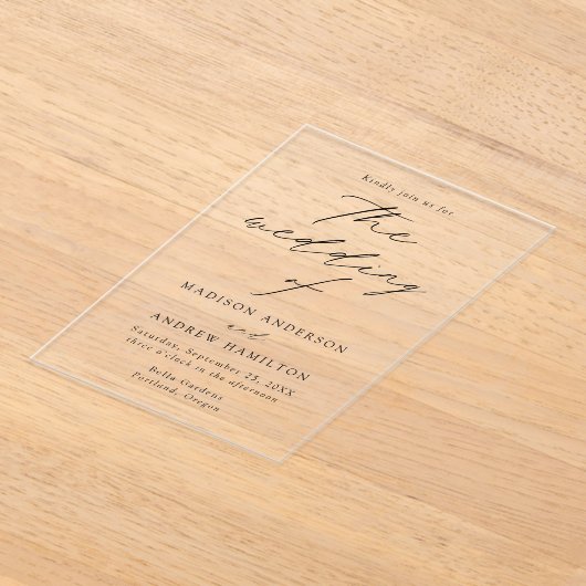 Modern Elegant Black Script Wedding Acryl Uitnodigingen (Laagn)