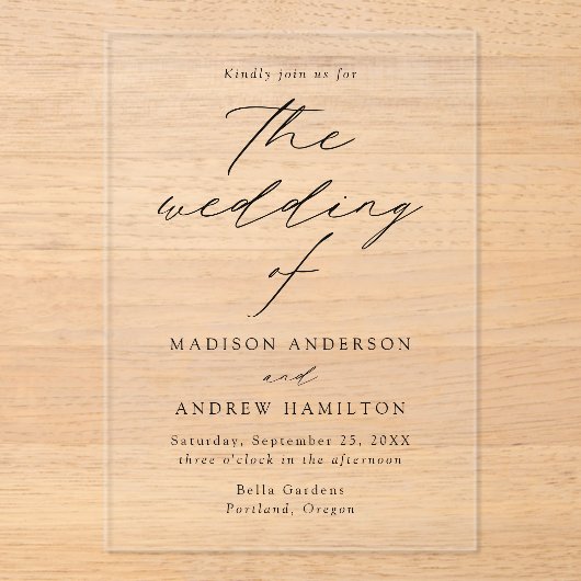 Modern Elegant Black Script Wedding Acryl Uitnodigingen (Voorkant)