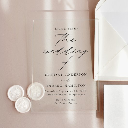 Modern Elegant Black Script Wedding Acryl Uitnodigingen
