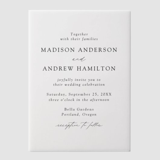 Modern Elegant Black Script Wedding Vellum Uitnodigingen (Voorkant)