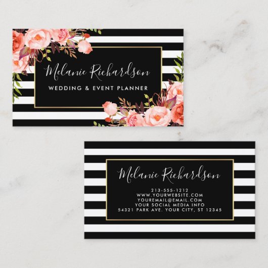 Modern Elegant Black Striped Coral Floral Visitekaartje (Voorkant / Achterkant)