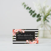 Modern Elegant Black Striped Coral Floral Visitekaartje (Staand voorkant)