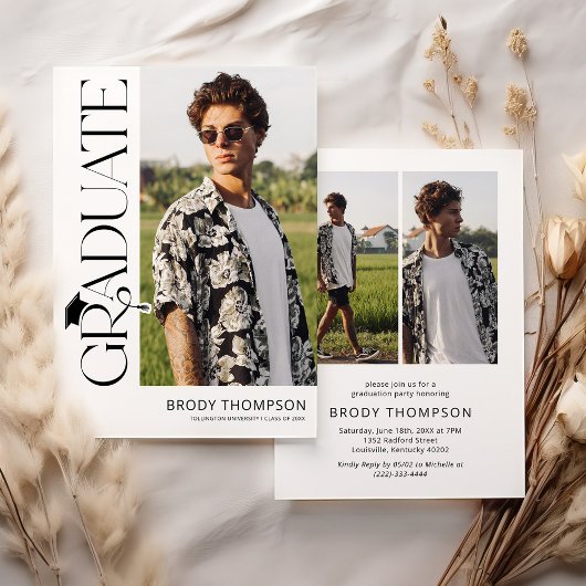 Modern Elegant Black & White 3 Photo Graduation Kaart