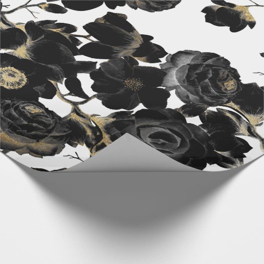 Modern Elegant Black White en Gold Floral Pattern Cadeaupapier (Hoek)