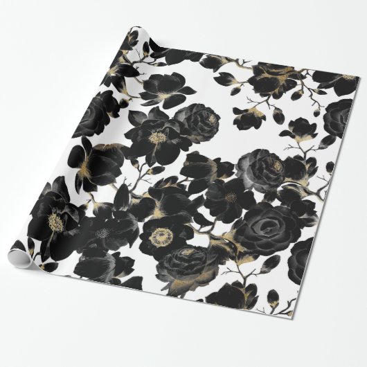 Modern Elegant Black White en Gold Floral Pattern Cadeaupapier (Uitgerold)