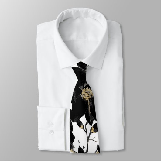 Modern Elegant Black White en Gold Floral Pattern Stropdas (Gebonden)
