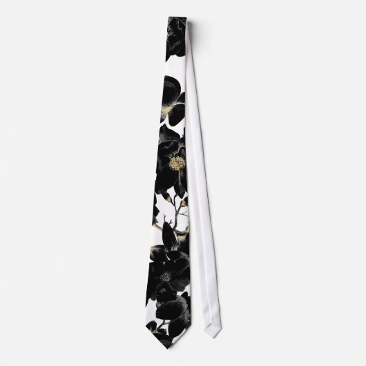 Modern Elegant Black White en Gold Floral Pattern Stropdas (Voorkant)