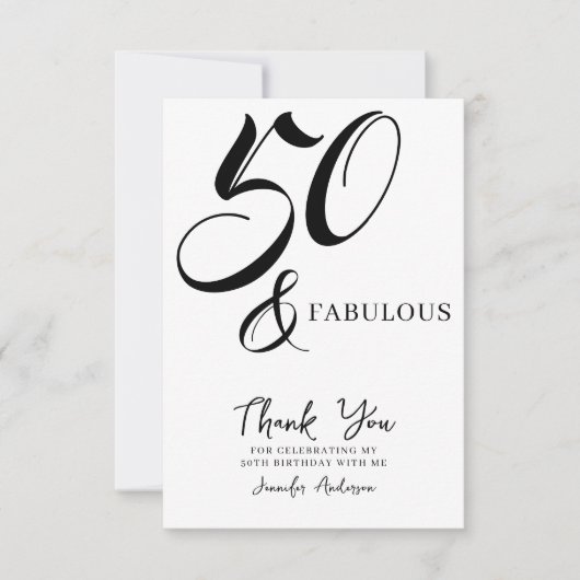Modern Elegant Black White Fifty Fabulous Birthday Bedankkaart (Voorkant)