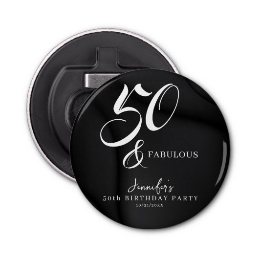Modern Elegant Black White Fifty Fabulous Birthday Button Flesopener (Voorkant)