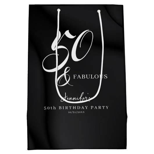 Modern Elegant Black White Fifty Fabulous Birthday Medium Cadeauzakje (Achterkant)