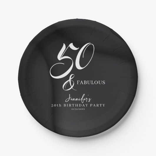 Modern Elegant Black White Fifty Fabulous Birthday Papieren Bordje (Voorkant)